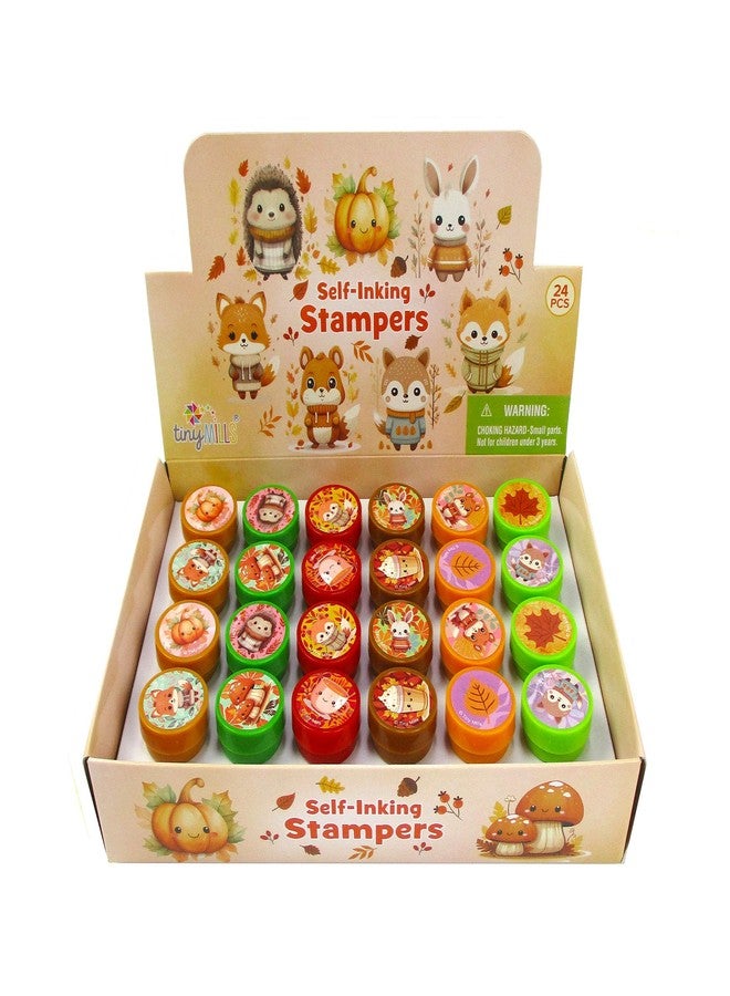 TINYMILLS Cozy Fall Animal Self-Inking Stampers - 24 Pack Autumn Themed Stamps with Pumpkin, Latte & Woodland Animal Designs | Fall Harvest Party Favors, Classroom Prizes, Arts & Crafts Supplies - Image 1